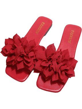 Women's Red 3D Floral Square Open Toe Single Band Casual Slip on Flats Slides